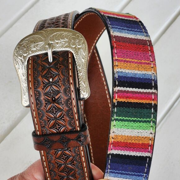Twisted X Western Serape‎ Stripe Brown Leather Geometric Tooled Billet Size 42 - Picture 3 of 10